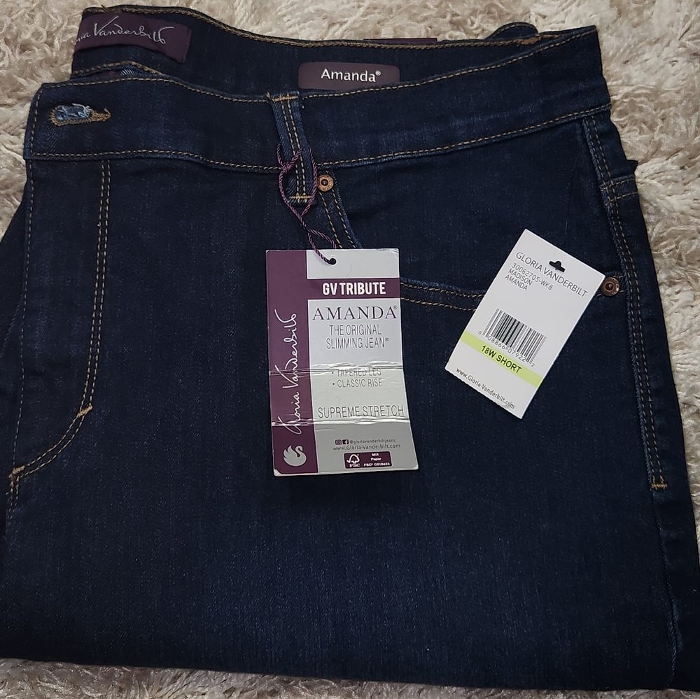 NWT Gloria Vanderbilt Dark Blue Supreme Stretch Denim Jeans Amanda 18W Short